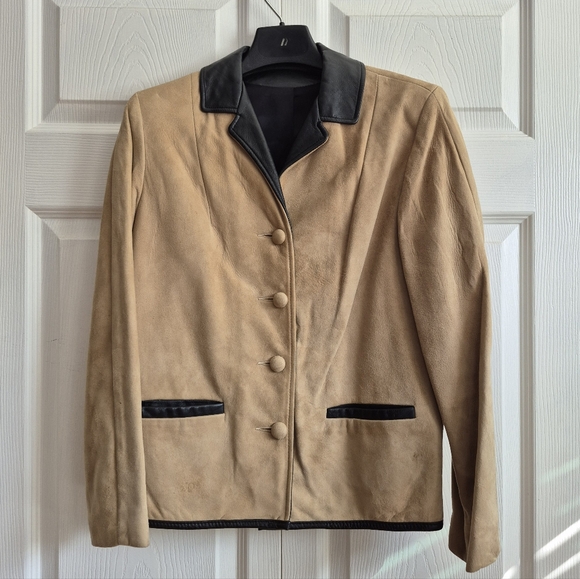Unknown Vintage Jackets & Blazers - VTG Buckskin Blazer Jacket Genuine Suede Leather Womens Sz 8 Black Trim